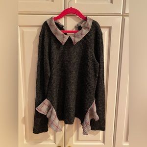 Monteau knit gray sweater Blouse collar ruffle women XS S